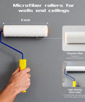 9x13 inch microfiber roller with polyester fiber and foam for walls and ceilings. Features ergonomic yellow handle.
