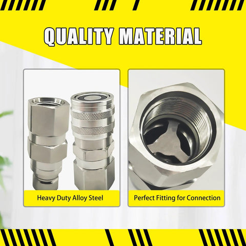 4-pack 3/4 in SAE flat-face hydraulic quick-connect couplers, heavy-duty carbon steel with 1/2 in body and dust caps