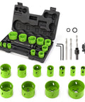 18 Piece Bi Metal Hole Saw Kit With Beefy Cutters And Carrying Case For Metal Wood Plastic And Drywall Ideal For Cornhole Boards And Diy Projects For Fast Clean Cuts, displayed with open case showing green bi-metal hole saws, mandrels, and accessories.