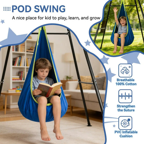 Child reading in Kid Friendly Sensory Pod Swing Set With Heavy Duty Frame For Indoor Outdoor Play, blue cotton seat