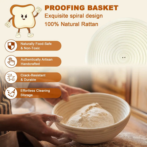 All In One Sourdough Starter Kit With Glass Starter Jar, 9 Inch Proofing Basket made from natural rattan with spiral design