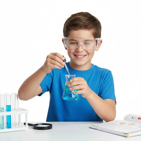 Child wearing 10 Pack Kid Safe Lab Goggles Set With Lightweight Clear Lenses Protective Eye Glasses For Small Faces Kid Friendly Science Glasses With Snug Fit For School Experiments And Home Science Fun, conducting an experiment with a beaker.