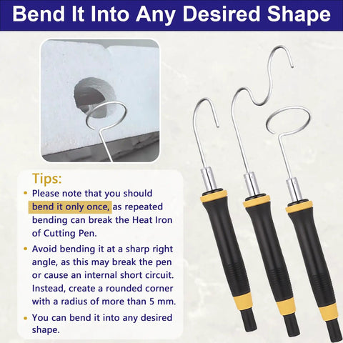 Hot Wire Foam Cutter Kit with 3-1 Electric Styrofoam Cutter showing bending guidelines for stainless cutting pens.