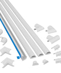 Slick Paintable Cable Cover Kit With Peel And Stick Backing To Easily Hide Cluttered Wall Cords TV Mount Wires Half Round Wire Raceway Channel In Crisp White Finish with connectors.