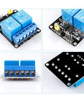 Two Channel 5V Relay Module With Optocoupler Low Level Trigger Expansion Board, top and side views, for microcontroller projects.