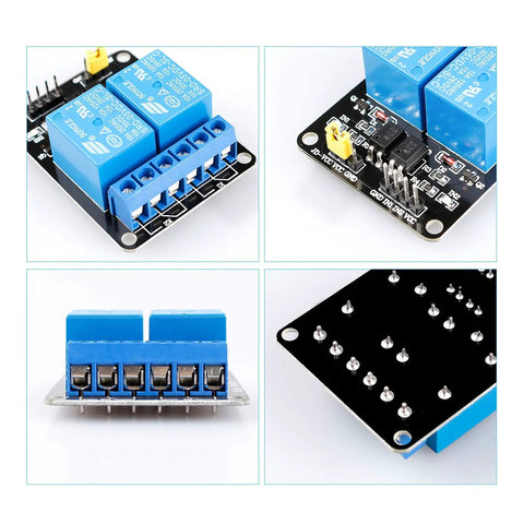 Two Channel 5V Relay Module With Optocoupler Low Level Trigger Expansion Board, top and side views, for microcontroller projects.