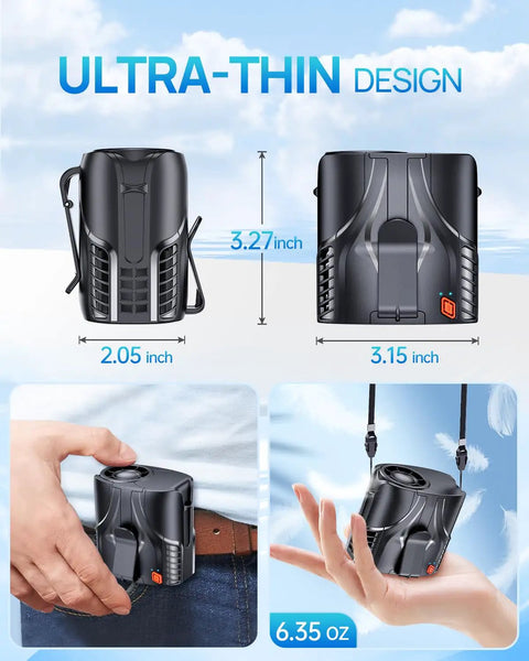 Portable Waist And Neck Fan With A 14000 RPM Brushless Motor compact design and dimensions showcased on a belt.