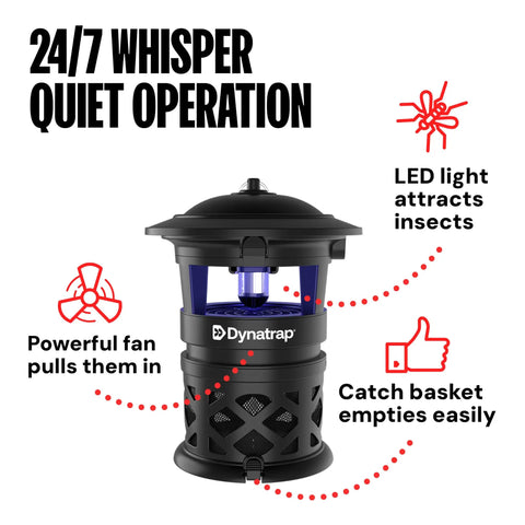24/7 whisper quiet Half Acre Outdoor Mosquito And Flying Insect Trap And Killer For Your Backyard Attracts Mosquitoes Flies Wasps Gnats And More Weather Resistant Bug Zapper Alternative Black with LED light and powerful fan.
