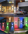 Level Up Your Backyard With Badass Multicolor Solar Fence Lights That Bring Sick Lighting Vibes And Weather Resistant IP67 Design For Patios Porches Gardens And Garages Featuring Dusk To Dawn Sensor Six Pack, displayed in patio, garage, swimming pool, and garden settings.