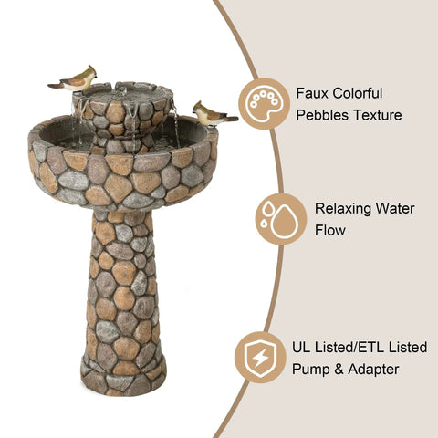 Two Tier Stone Like Outdoor Water Fountain With Birds Bird Bath Waterfall Decor Freestanding Garden Yard Patio Porch Includes Pump Weatherproof Resin 24.41 Inches Tall
