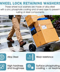 Wheel lock retaining washers with alloy steel and zinc phosphate coating for rust resistance, shown in outdoor use with hand truck.