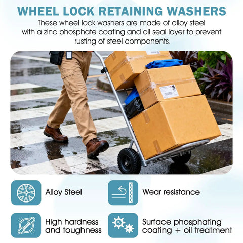 Wheel lock retaining washers with alloy steel and zinc phosphate coating for rust resistance, shown in outdoor use with hand truck.