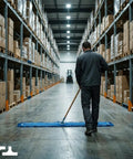 No Sweat Cleanup With This Commercial Grade Dust Mop And Sturdy Wood Handle Featuring Washable Head For Sweeping Hardwood Laminate Tile Store And Warehouse Floors Blue being used in a warehouse aisle.