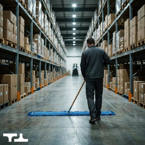 No Sweat Cleanup With This Commercial Grade Dust Mop And Sturdy Wood Handle Featuring Washable Head For Sweeping Hardwood Laminate Tile Store And Warehouse Floors Blue being used in a warehouse aisle.