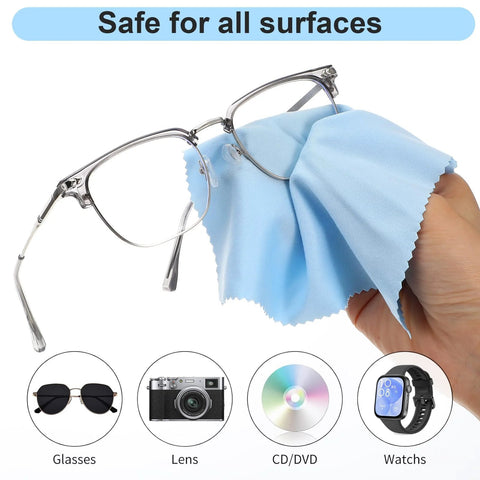 Glasses cleaning cloth, blue microfiber; front view of cloth being used to wipe eyeglasses (6 x 7 in).