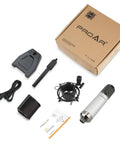Cardioid XLR Condenser Studio Microphone for Podcasting and Streaming with Desktop Stand, Ideal for Music, Singing, Voice Over, and Vocal Recording, Delivers Crisp Pro Grade Focused Vocals for Your Home Studio Setup; includes microphone, stand, shock mount, pop filter, XLR cable, and manual displayed.