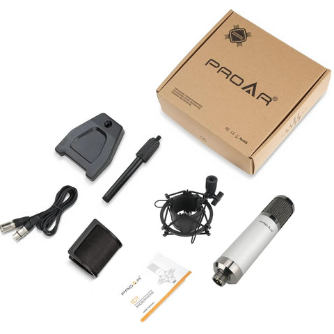 Cardioid XLR Condenser Studio Microphone for Podcasting and Streaming with Desktop Stand, Ideal for Music, Singing, Voice Over, and Vocal Recording, Delivers Crisp Pro Grade Focused Vocals for Your Home Studio Setup; includes microphone, stand, shock mount, pop filter, XLR cable, and manual displayed.