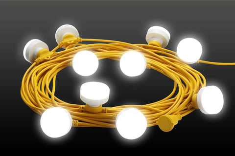 Beast Bright 100 Foot LED Construction String Light With 10 Bulbs, coiled yellow cord, bright illumination for job sites