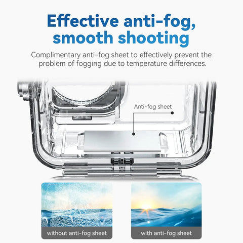 Waterproof Case For DJI Action 5 Pro And Action 4 And 3 Series showing anti-fog feature, comparisons of fogged and clear image.
