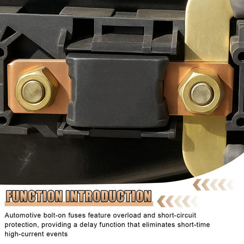 Close-up of High Octane 250 Amp MEGA Fuse With Bolt Down Mount for automotive circuits, showcasing copper and plastic components.