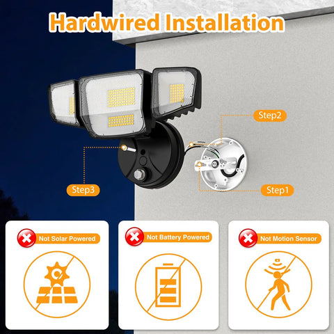 Heavy Duty 90W LED Security Flood Light With Dang Bright 10000 Lumen Coverage And Four Adjustable Heads Featuring Dusk To Dawn Sensor IP65 Weatherproof Outdoor Spotlight For Backyard Gate And Porch Installations In Black