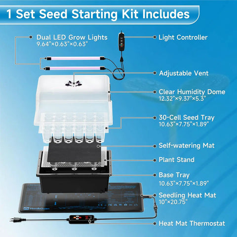 All In One Seed Starting Kit With 30 Cell Tray, High 5.3 Inch Humidity Dome, LED Grow Lights, 10 By 20.75 Inch Seedling Heat Mat, Adjustable Vents For Easy Germination And Propagation