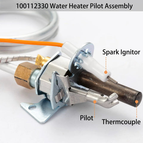 Water heater pilot assembly, angled side view with spark igniter, thermocouple, and mounting bracket for natural gas.