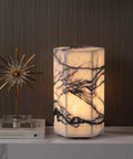 Real Marble Hexagon Table Lamp With Tri Color Dimmable LED on a marble surface, showcasing European marble finish for home decor.