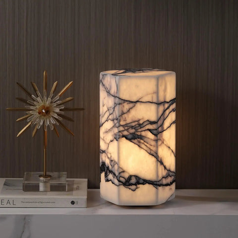 Real Marble Hexagon Table Lamp With Tri Color Dimmable LED on a marble surface, showcasing European marble finish for home decor.