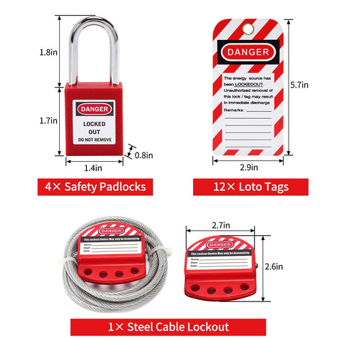 Pro Grade Heavy Duty Lockout Tagout Kit with safety padlocks, Loto tags, and steel cable lockout for quick safe energy isolation.