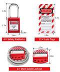 Beefed-Up All-In-One Lockout Tagout Kit With 4 Safety Padlocks, 12 Loto Tags, and 1 Steel Cable Lockout, measurements labeled