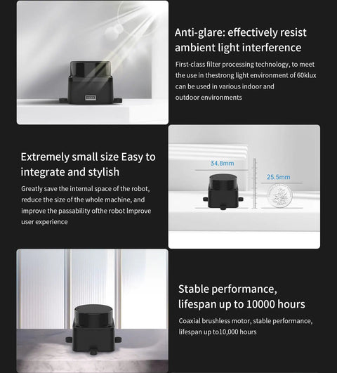 FHL-LD19 Plus 2D Lidar Sensor with 25 Meter Range and 360 Degree Scan shown in anti-glare feature and compact size