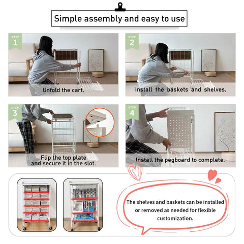 Assembly steps of Foldable Six Tier Book Cart With Pegboard Space Saver Slim Rolling Utility Shelves Large Capacity V Shaped Shelves And Brake Wheels For Home And Office Storage White