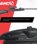 Swarm Whisper 22 Caliber Air Rifle With 10-Shot Repeater and IGT Gas Piston, showing side view in black with scope and grip.