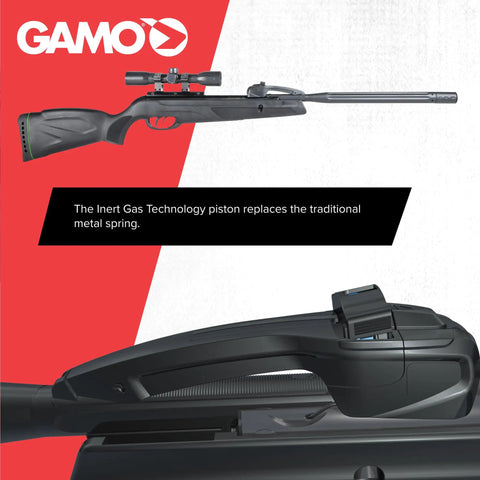 Swarm Whisper 22 Caliber Air Rifle With 10-Shot Repeater and IGT Gas Piston, showing side view in black with scope and grip.