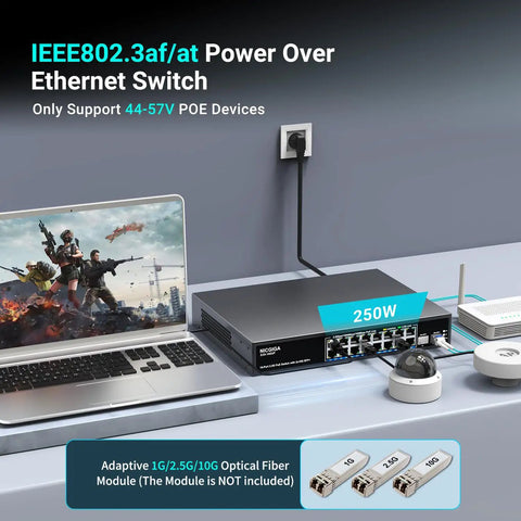 18 Port 2.5G PoE Switch Unmanaged With 16 PoE Ports And 2x 10G SFP Uplink, IEEE 802.3af/at, 250W power display, connected devices