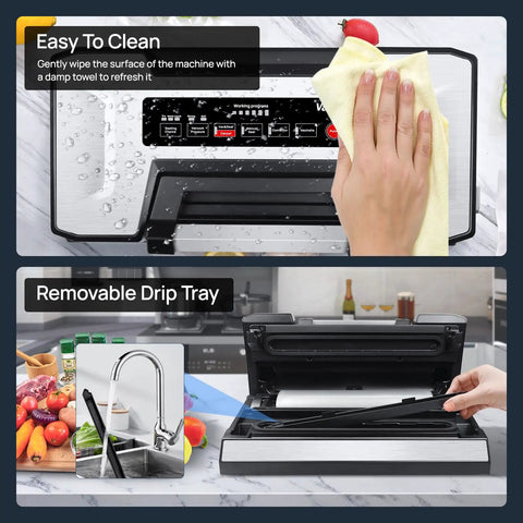 Vacuum Sealer Machine With 90Kpa Vacuum, Dry Moist And Liquid Modes showing cleaning and removable drip tray