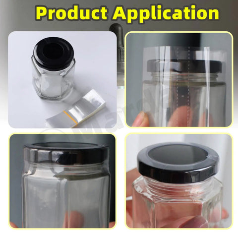 Clear PVC Heat Shrink Bands applied on essential oil bottle for sealing, showcasing fit and protection, 1250 Pcs Clear PVC Heat Shrink Bands 5 Sizes Assorted Perforated Shrink Wrap Film For Essential Oil Bottles Jars Top Shelf Heavy Duty No Sweat Quick Seal Ready To Roll Packaging Kit.