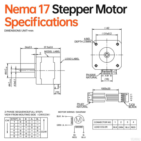 NEMA 17 stepper motor specifications diagram with 42×38 mm housing, 4-lead wiring, and mounting dimensions.