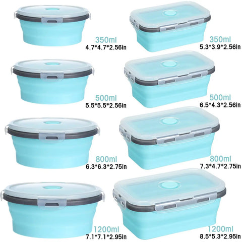 16 Pack Collapsible Food Storage Containers With Lids Foldable 8 Rectangular Bowls And 8 Round Silicone Bowls For Lunch, Camping, RV Or Travel, Microwave And Freezer Safe, Space Saving Grab And Go Ready Organizer Set In Gray And Blue showing different sizes of containers with measurement labels.
