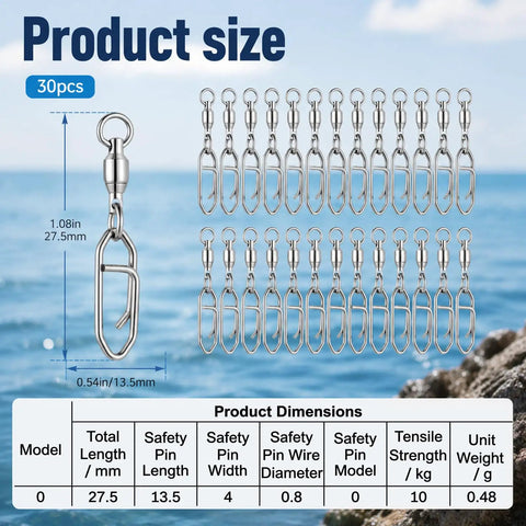 Speed Clips For Fishing Lures And Snap Swivels 30 Pack Heavy Duty Stainless Steel Quick Snap Ball Bearing Swivels For Freshwater And Saltwater Tackle Durable Power Clips For Lure Rigging, 30pcs, 27.5mm