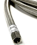 Stainless steel braided ice maker hose with 1/4 inch compression fittings, close-up end view