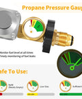 Gauge of a two-stage propane regulator for RVs showing propane levels for safe outdoor usage