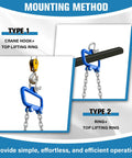 Senkeyfe chain drum lifter with blue vertical drum clamp and self-locking hook, 2200 lb capacity for 30–55 gallon drums