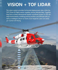 Goosky E2 UH-1Y RC Helicopter With GPS Auto Stabilization flying over mountains, demonstrating vision and TOF LIDAR features.
