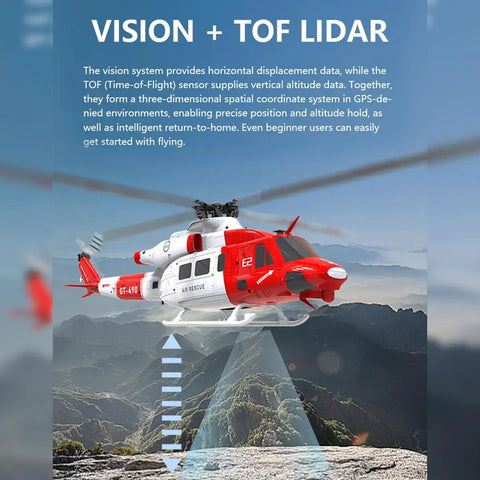 Goosky E2 UH-1Y RC Helicopter With GPS Auto Stabilization flying over mountains, demonstrating vision and TOF LIDAR features.