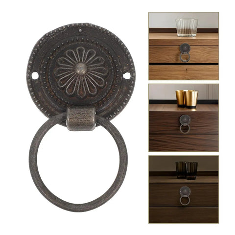 12 Pack Retro Bronze Ring Pulls For Drawers And Cabinets Dope Vintage Drop Knobs Zinc Alloy Hardware For Wardrobes Dressers And Furniture European Style Metal Pulls close-up and installation views