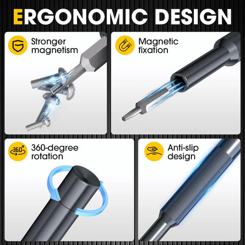 37-In-1 Precision Screwdriver Set With Magnetized Tip And Magnetic Mat showcasing ergonomic design features like magnetism and 360-degree rotation.