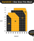Size chart for Monsoon Safety Harness 2 Pack With Four D-Rings Front Chest Side And Back D-Rings Shoulder Padding ANSI Tested OSHA.
