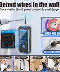 Stud Finder Wall Scanner4 in1Wall Stud Detector of AC Wire Wood Metal Studs showing AC detection mode and drilling tools.